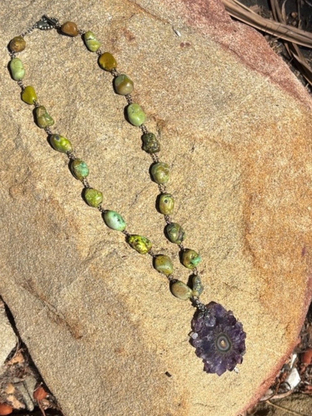 Handcrafted Green Turquoise with Amethyst Flower Pendant Necklace